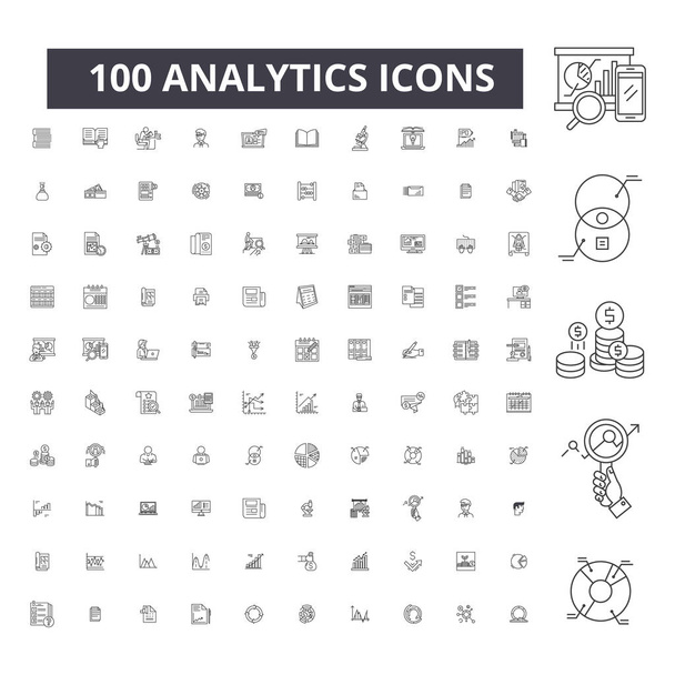 Analytics editable line icons, 100 vector set, collection. Analytics black outline illustrations, signs, symbols - Vector, Image