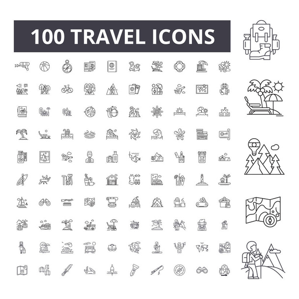 Ταξίδια επεξεργάσιμο γραμμή εικονιδίων, σετ 100 διάνυσμα, συλλογή. Ταξίδια μαύρο περίγραμμα εικονογραφήσεις, σημάδια, σύμβολα - Διάνυσμα, εικόνα