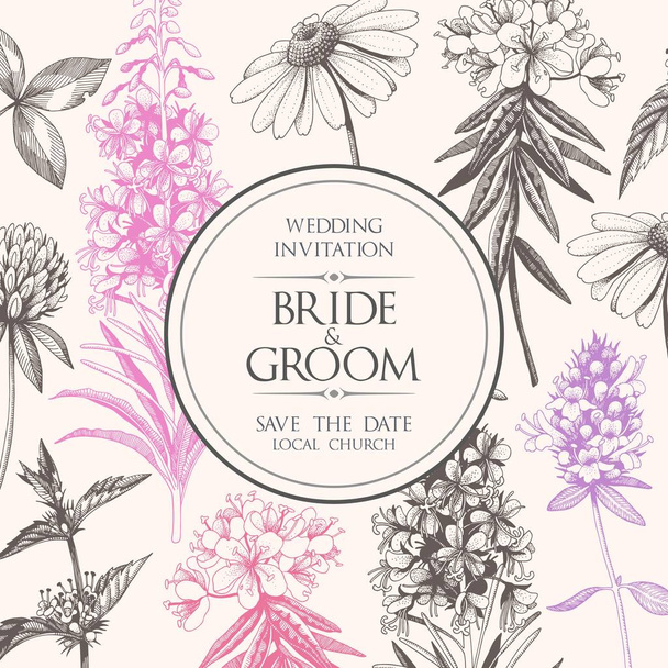 Vector elegant wedding card with meadow flowers - Vector, Image