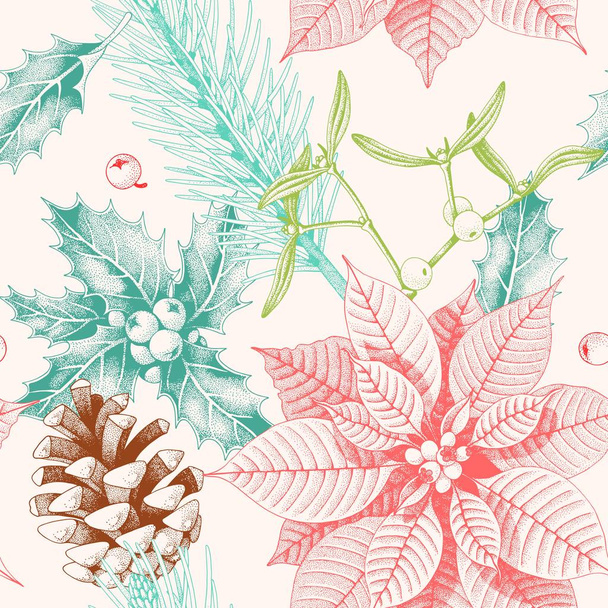 Seamless pattern with holly leaves and poinsettia - Vector, Image
