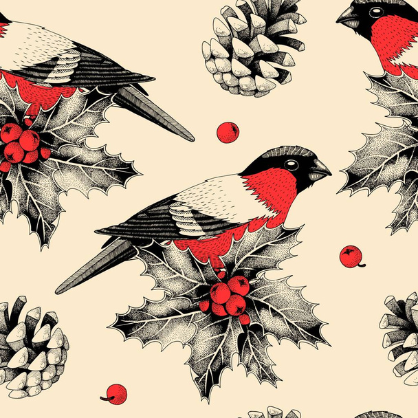 Vector seamless pattern with finches and holly - Vektör, Görsel