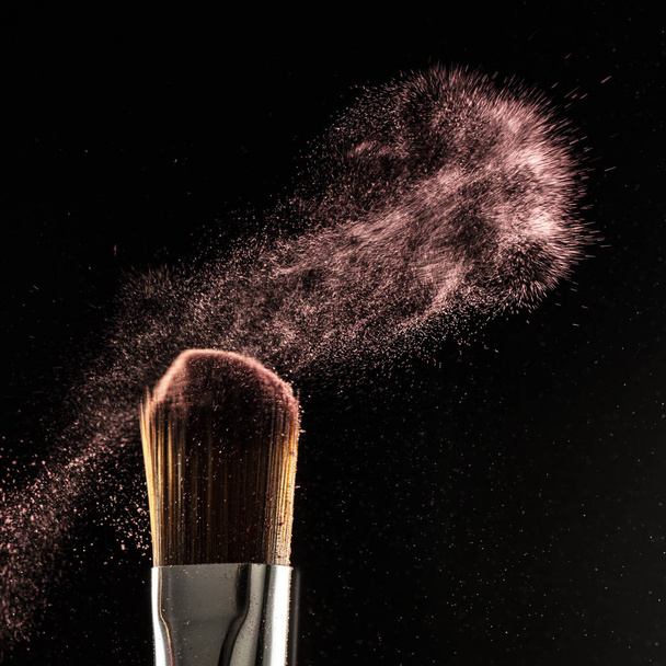 powder splash and brush for makeup artist or beauty blogger in black background - Фото, зображення