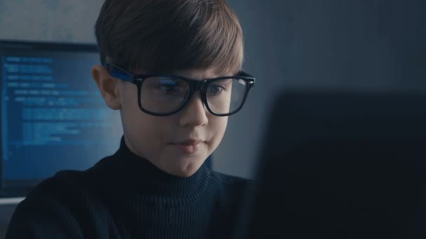 Boy Wunderkind Hacker Hacks Computer Systems. in Data Center - Footage, Video