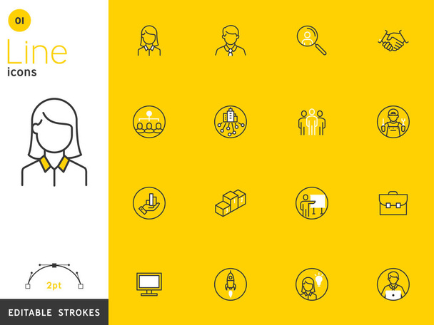 Office και επιχειρηματική γραμμή κίτρινο εικονίδιο συλλογή, επεξεργάσιμα εγκεφαλικά επεισόδια. Για κινητά έννοιες και εφαρμογές web. Vector εικονογράφηση, καθαρή επίπεδη σχεδίαση - Διάνυσμα, εικόνα