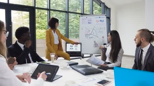 Young businesswoman giving presentation to diverse business people at meeting, presenting new project to colleagues, making offer to investors, showing graphics on whiteboard and using laptop for - Footage, Video