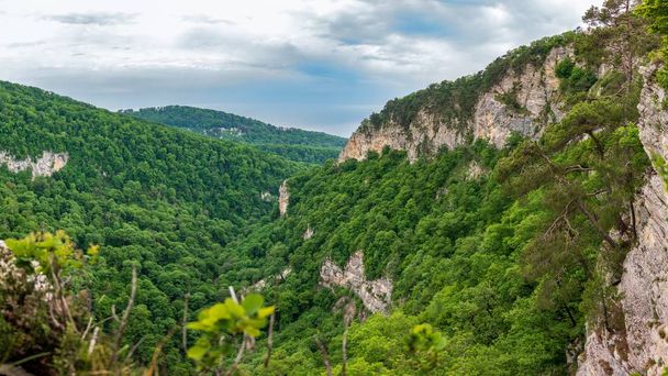 Mountain with a steep rocky slope and valley with thick green forest below. Residential buildings and the sea are visible in the distance - Фото, изображение