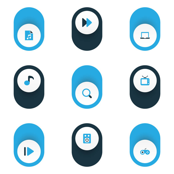 Conjunto de iconos de música de colores con joystick, avance rápido, ordenador portátil y otros elementos quaver. Iconos de música de ilustración vectorial aislado
. - Vector, imagen