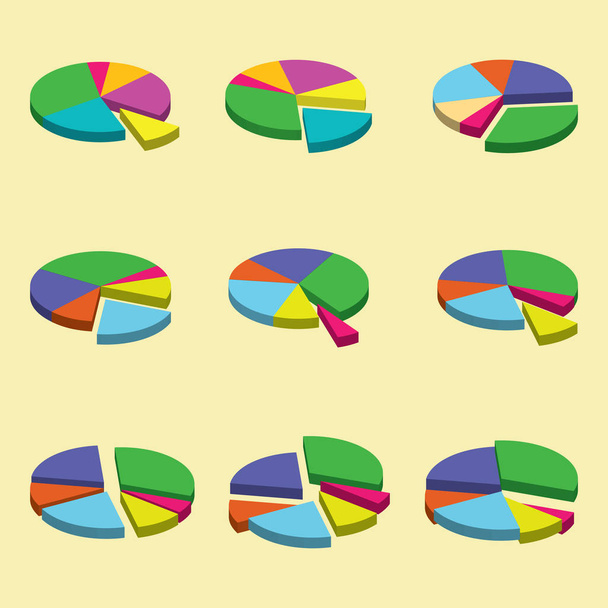 Statystyk dotyczących przedsiębiorstw, analizy finansowej, wzrostu i rozwoju koncepcji: kolorowy 3d pie wykresów izometryczny zestaw - Wektor, obraz