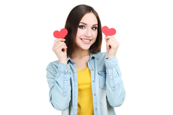 Beautiful woman holding paper hearts on white background - Foto, Imagem