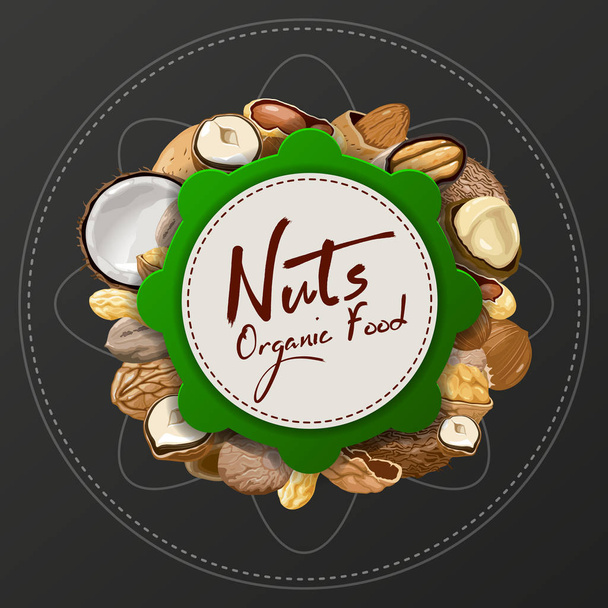 Nuts collection with raw food mix and paper label. Walnut, coconut, nutmeg, hazelnut, pecan, almond, peanut, macadamia. - Vector, Image