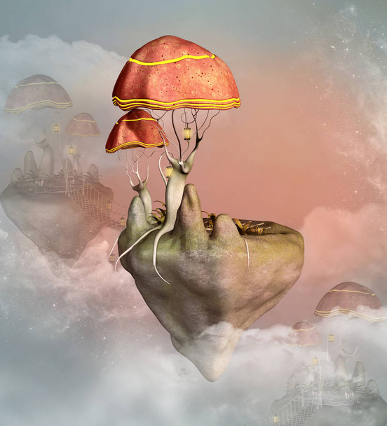 Fantasy flying mushrooms town - 3D illustration - Photo, Image