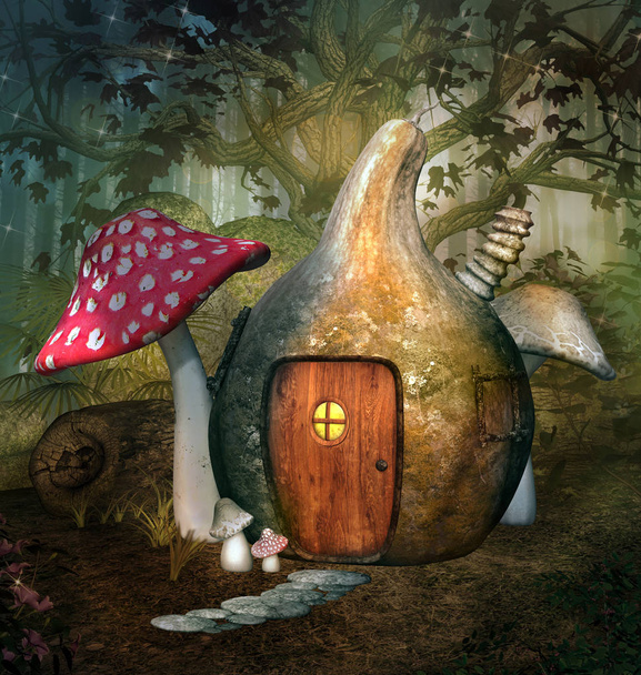 Зачарованный тыквенный домик в фантастическом лесу - 3D иллюстрация
 - Фото, изображение
