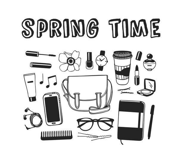 Hand drawn Spring Fashion illustration wear and quote SPRING TIME. Actual Season vector background. Black and white Artistic doddle drawing objects and text. Creative ink art work - Vector, Image