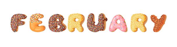 Мультфільм Векторні ілюстрації пончик і слово FEBRUARY. Рука намалювала солодку булочку. Актуальні творчі твори мистецтва випікати
 - Вектор, зображення