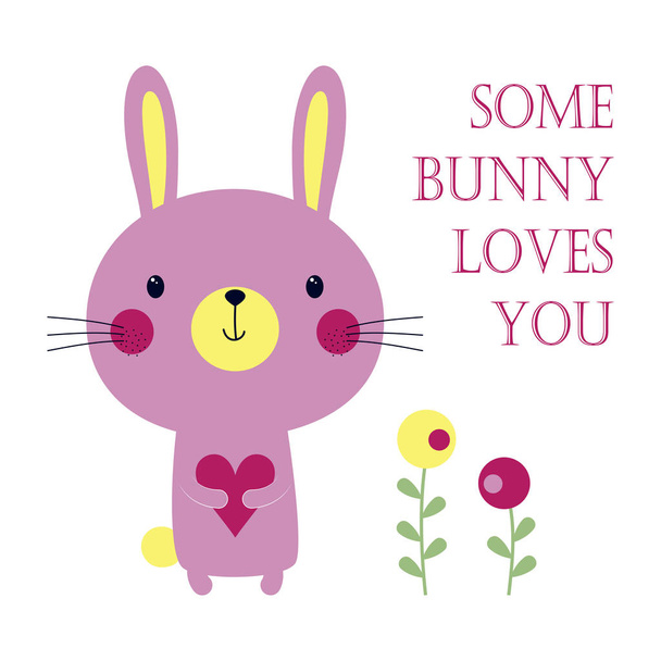 Happy Easter bunny isolated on white, valentines card with rabbit, heart, flowers and lettering some bunny loves you, greeting background for any desing - Vektori, kuva
