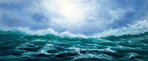 Alkuperäinen öljymaalaus osoittaa aaltoja meressä tai merellä kankaalle. Moderni impressionismi, modernismi, marinit - Valokuva, kuva