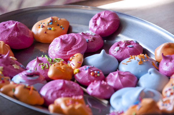 macaron or macaroon french biscuit with colorful meringue closeup. - Photo, Image