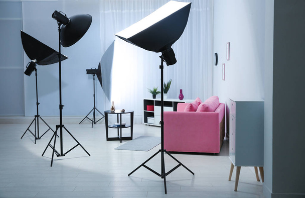 Example of living room interior design and professional equipment in photo studio - 写真・画像