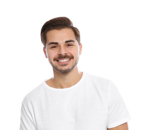 Portrait of young man on laughing white background - Photo, Image