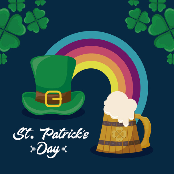 leprechaun hat with rainbow and beer of st patrick day - Vector, Image