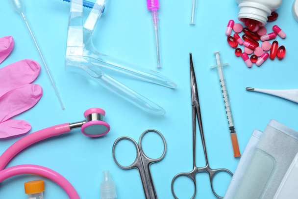 Different medical objects on color background, flat lay - Photo, image