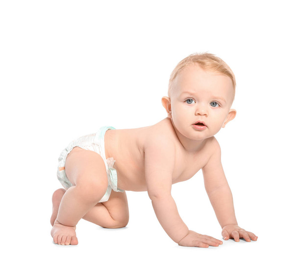 Cute little baby crawling on white background - 写真・画像