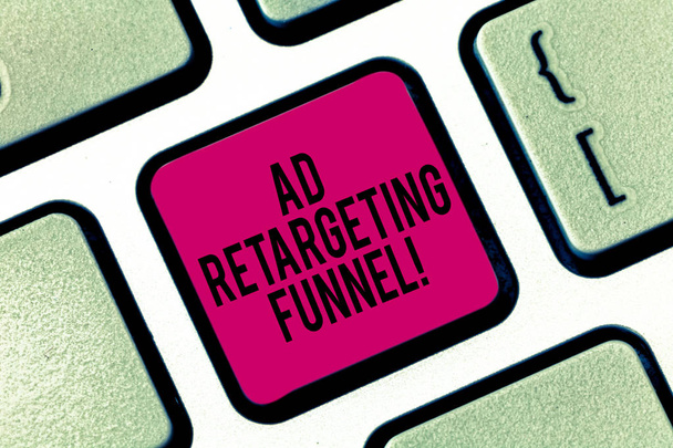Handwriting text writing Ad Retargeting Funnel. Concept meaning Aiming relevant ads to those have visited your website Keyboard key Intention to create computer message pressing keypad idea. - Photo, Image
