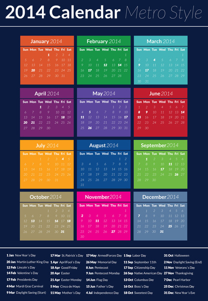 Calendario 2014 - Metro Style
 - Vector, Imagen