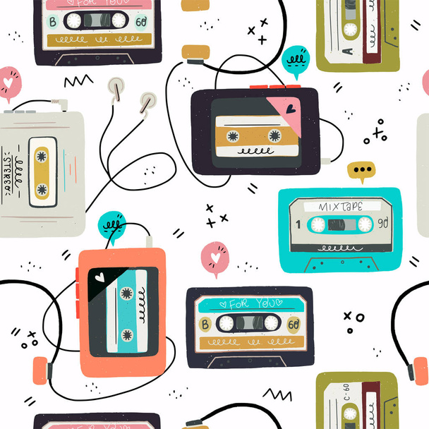 Wzór z ręcznie rysowane, kaset magnetofonowych i graczy. Retro fala sąsiadująco z mixtape'ach kolorowy płaski. lat 80-tych lat 90-tych nostalgicznych wektor tle, Tapety, tekstylne, papier pakowy. - Wektor, obraz