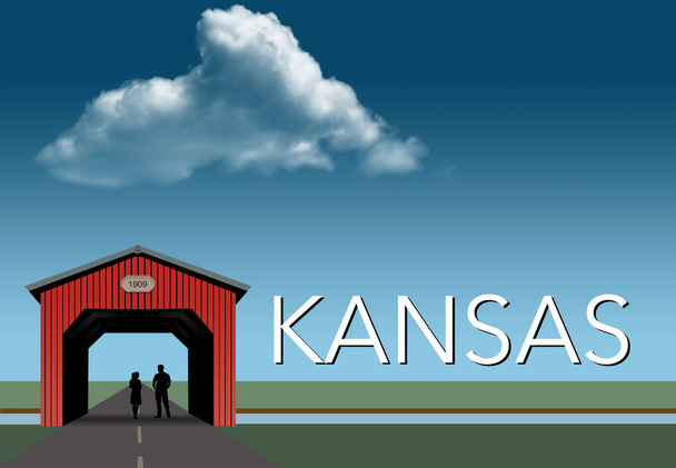 Канзас ознаками в цій сільських тематичні плакат. Червоний критий міст, Синє небо, потік і плоскі grassland є фоном для молодої пари разом всередині мосту. This є ілюстрацією. - Фото, зображення