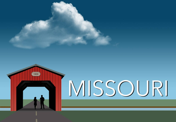 ミズーリ州は、この農村テーマ ポスターで紹介されています。赤い屋根付き橋、青い空、ストリームとフラットの草地は、橋の内部一緒に若いカップルの背景です。イラストです。. - 写真・画像