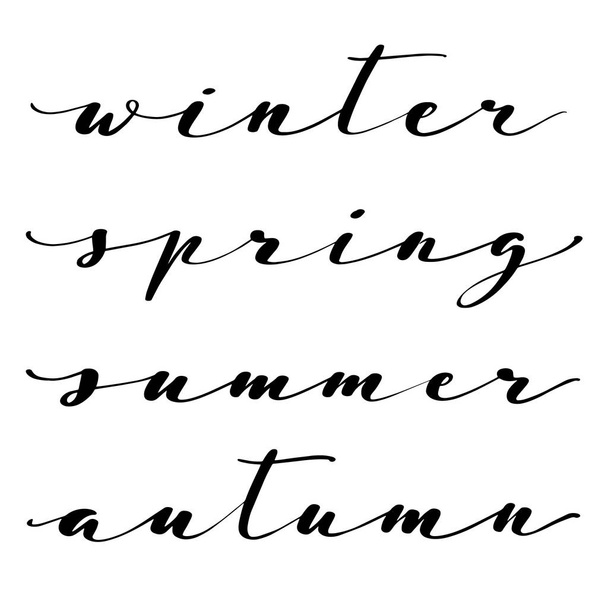 Conjunto caligráfico vetorial. Partes do ano. Nomes de estações à mão. Palavras de inverno, primavera, verão e outono
. - Vetor, Imagem