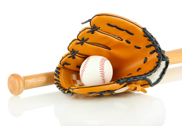 Baseball glove, bat and ball isolated on white - Foto, Bild