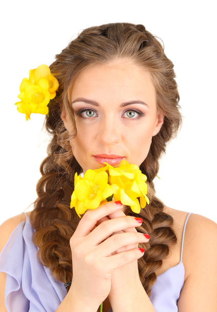 Young woman with beautiful hairstyle and flowers, isolated on white - Valokuva, kuva