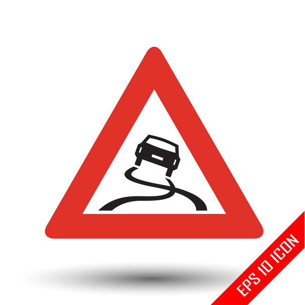 Slippery road traffic sign. Vector illustration of triangular sign for slippery road sign isolated on white background. - Vector, Image