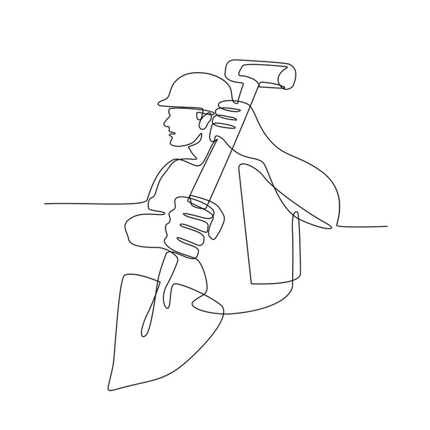 Continuous line illustration of a construction worker, handyman or gardener holding spade shovel done in black and white monoline style. - Vector, Image