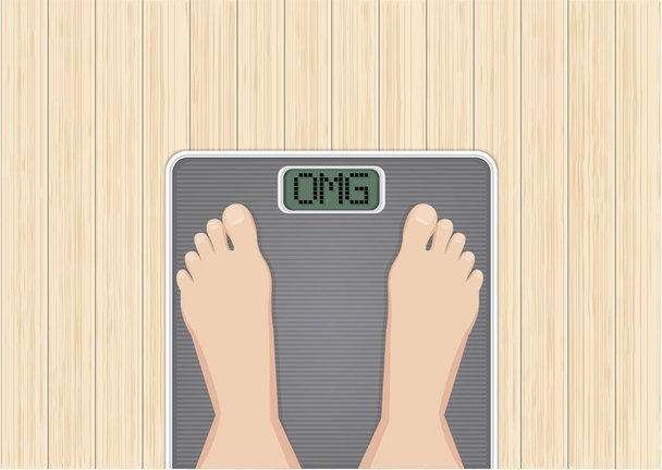 Feet on scales, Wooden desk background, woman feet on overweight scales, weight loss, diet, healthy lifestyle. Vector illustration on Top view. - Vector, Image