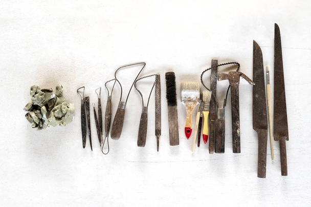 Sculpture tools set background. Art and craft tools on white background. - Photo, Image