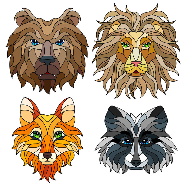 Ένα σύνολο από στοιχεία χρωματισμένο γυαλί, βιτρό με κεφάλια ζώων, μια αλεπού, ένα λιοντάρι, μια αρκούδα και ένα ρακούν, απομονώνει σε λευκό φόντο - Διάνυσμα, εικόνα