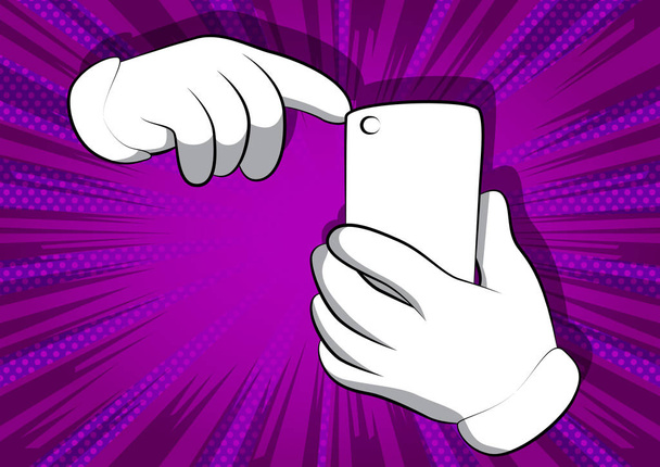 Διάνυσμα κινουμένων σχεδίων τα χέρια χρησιμοποιώντας ένα κινητό τηλέφωνο. Απεικονίζεται χέρι έκφραση, χειρονομία σε κόμικ φόντο. - Διάνυσμα, εικόνα