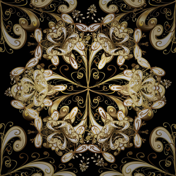 Vector abstract background with golden repeating elements on a black and beige colors. Seamless oriental classic golden pattern. - Vecteur, image