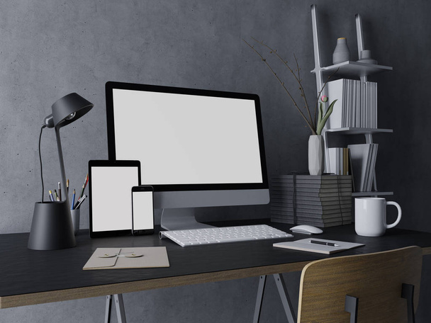 Modèle de conception de maquette de rendu 3d de l'écran blanc vierge pour la conception et l'illustration sur un lieu de travail élégant élégant avec ordinateur, tablette et téléphone sur la table à la mode et mur en béton dans une vue de trois quarts
 - Photo, image