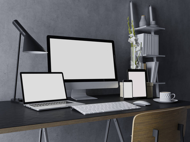 3D иллюстрация макета дизайна чистого белого экрана монитора для веб-просмотра на современном рабочем месте в помещении с рабочим столом, вкладкой, ноутбуком и телефоном на стильном черном столе и серой стене в трех четвертях зрения
 - Фото, изображение