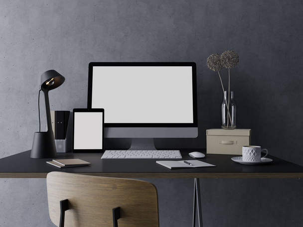 3D рендеринг макета шаблон дизайна пустой белый экран компьютера и планшета слева для веб-и приложений предварительного просмотра в черном модном рабочем пространстве с грязным дизайнерским столом в передней части
 - Фото, изображение