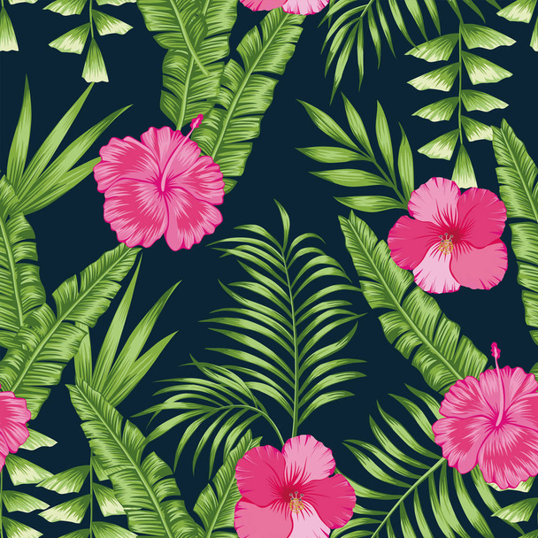 Tropical green palm banana leaves and pink hibiscus flowers seamless vector pattern on the navy blue background. Trendy botanical overlapping background - Vektor, Bild