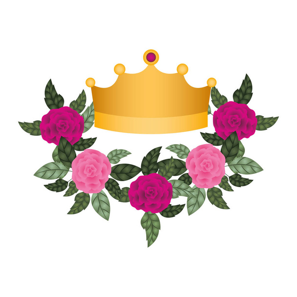 golden crown with roses isolated icon - Vector, Image