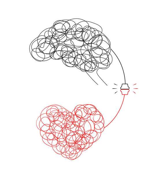 Connection between logic and emotion concept. Hand drawn doodle style of  Brain and heart. Vector illustration design isolated on white background. - Vector, Image