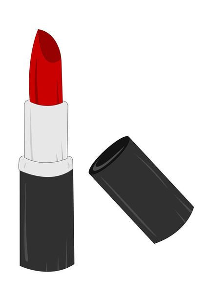 Womens lipstick product with tilted cap. Fashion accessory illustration in trendy red colors for beauty salon, shop, blog print. Isolated on white background. Vector illustration, EPS10. - Vector, Image