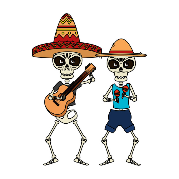 скелеты мексиканцев в шляпах и маракасах
 - Вектор,изображение