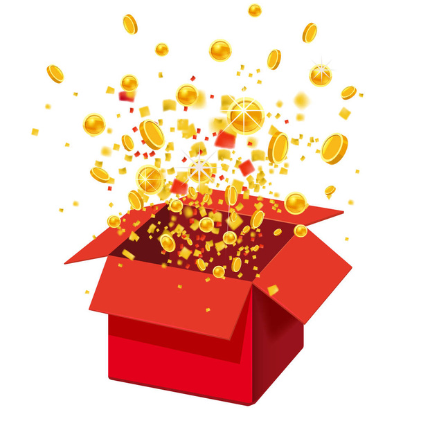 Boîte avec des pièces Explosion, souffle. Boîte cadeau rouge ouverte et confettis. Gagner, loterie, quiz. Illustration vectorielle. Isolé, Modèle
 - Vecteur, image